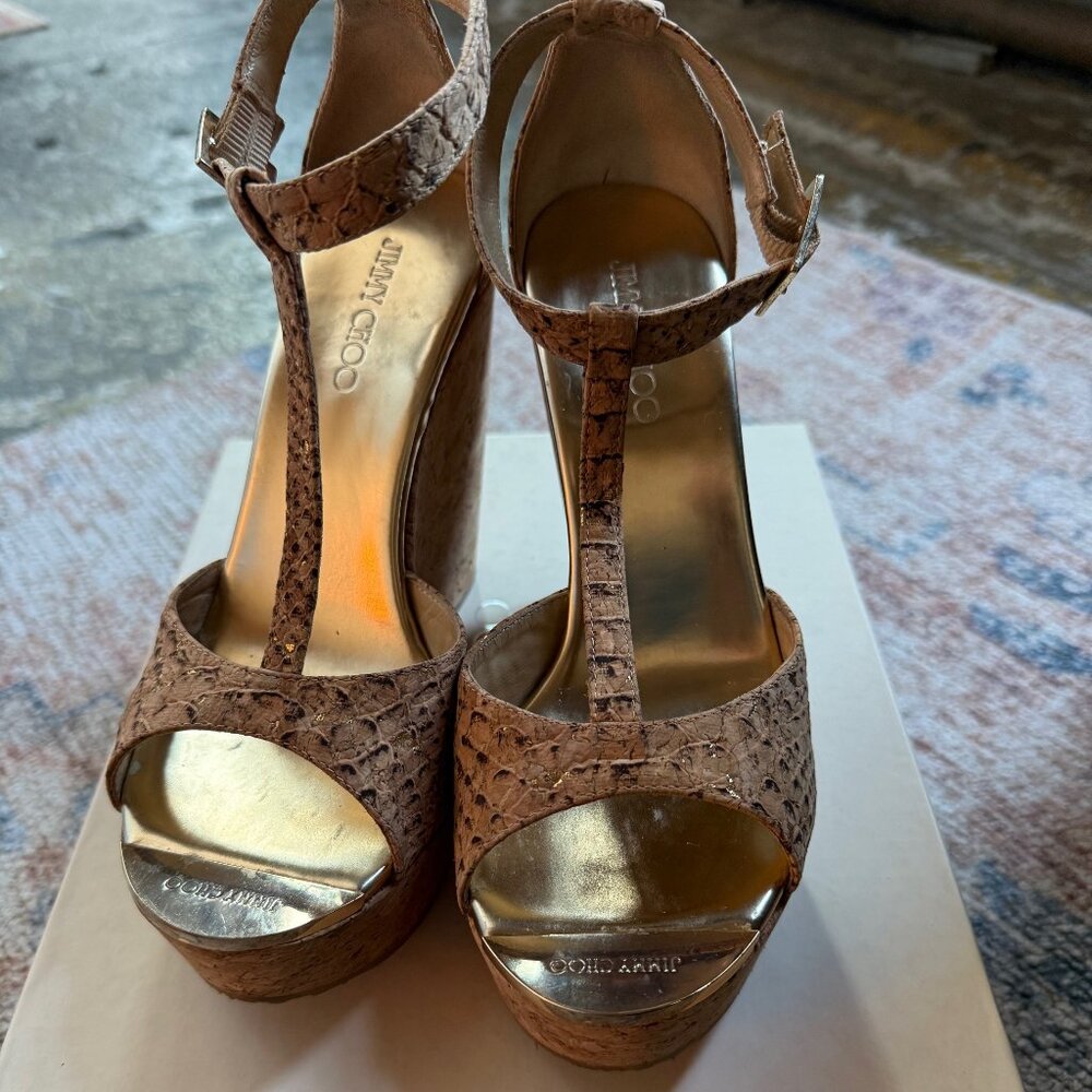 Jimmy Choo pela cork wedge sandal snake print